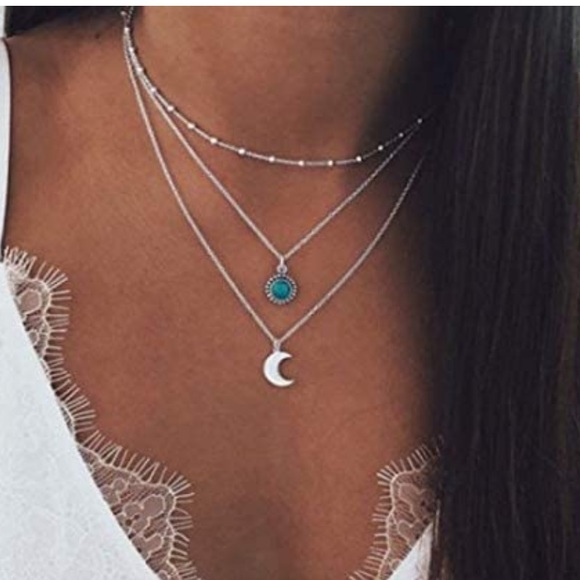 🎁 BOHO SILVER LAYERED TURQUOISE MOON NECKLACE 🌙 - Picture 6 of 6